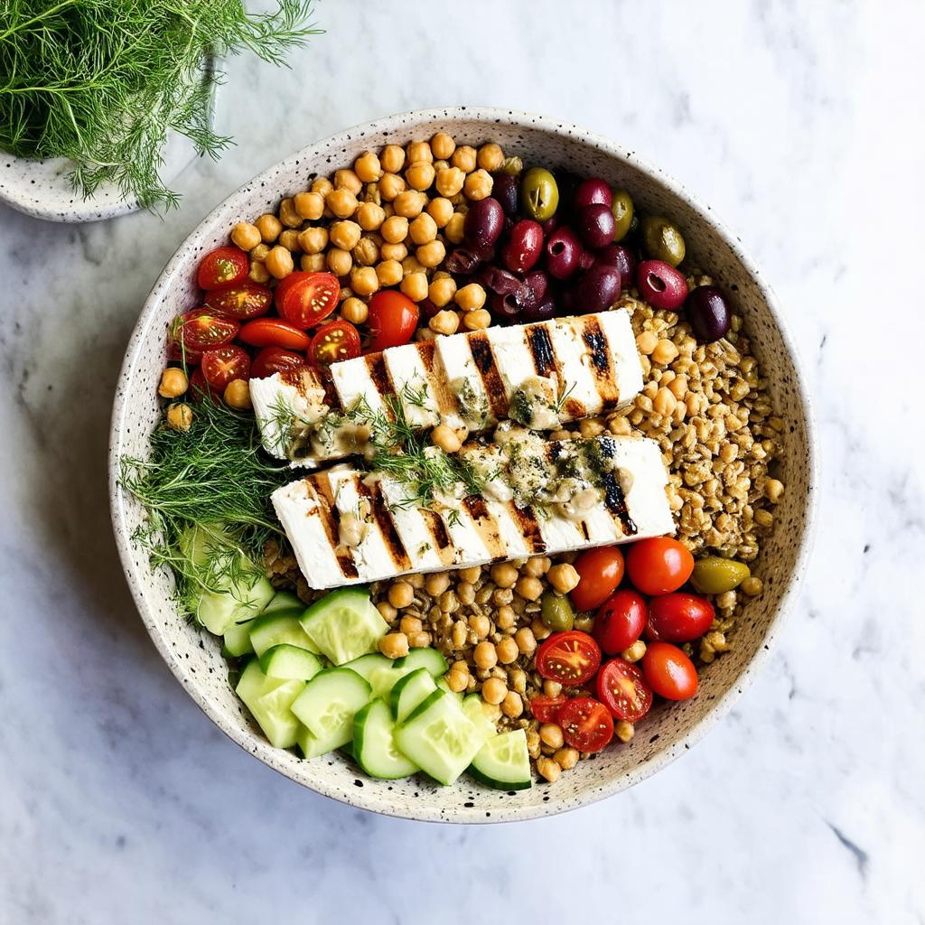Grilled Halloumi & Chickpea Grain Bowl - 30g protein vegetarian Mediterranean dinner