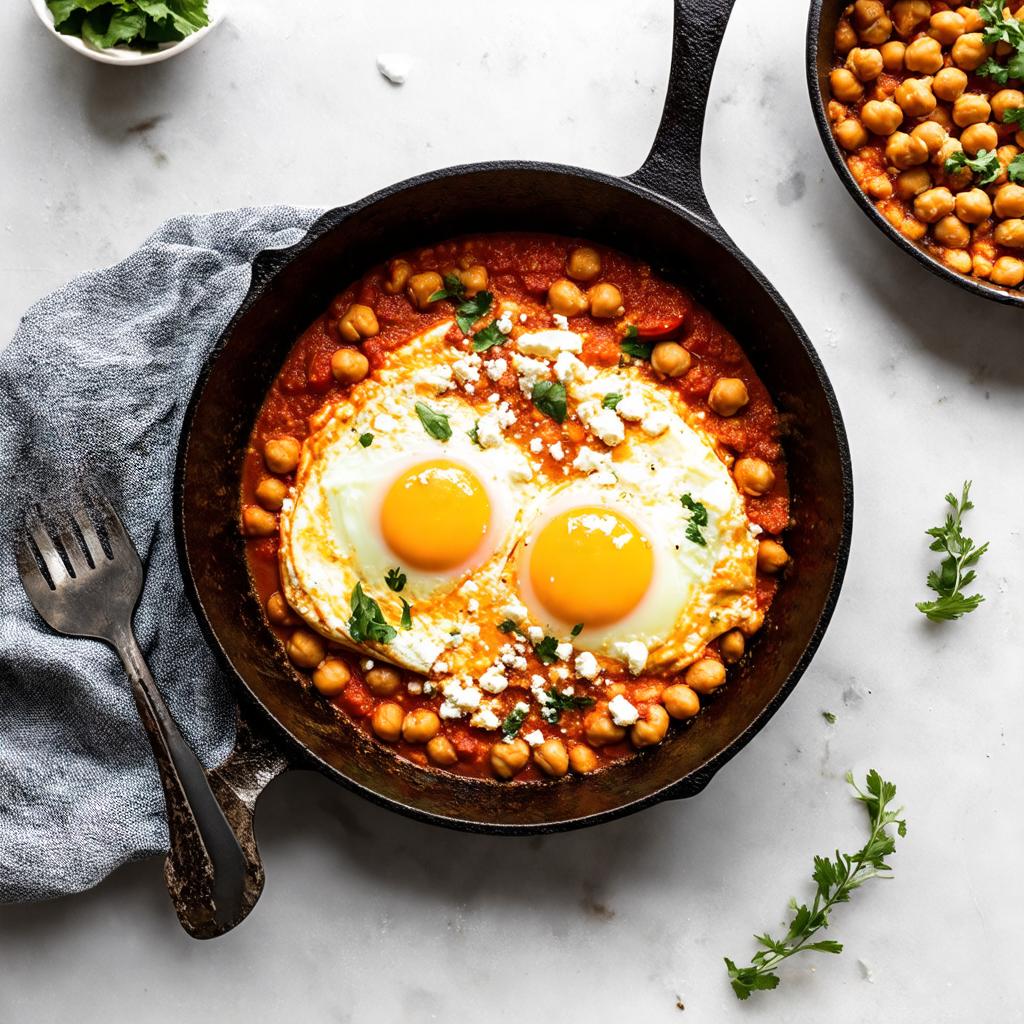 Spicy Shakshuka with Feta and Chickpeas - 26g protein vegetarian Mediterranean breakfast